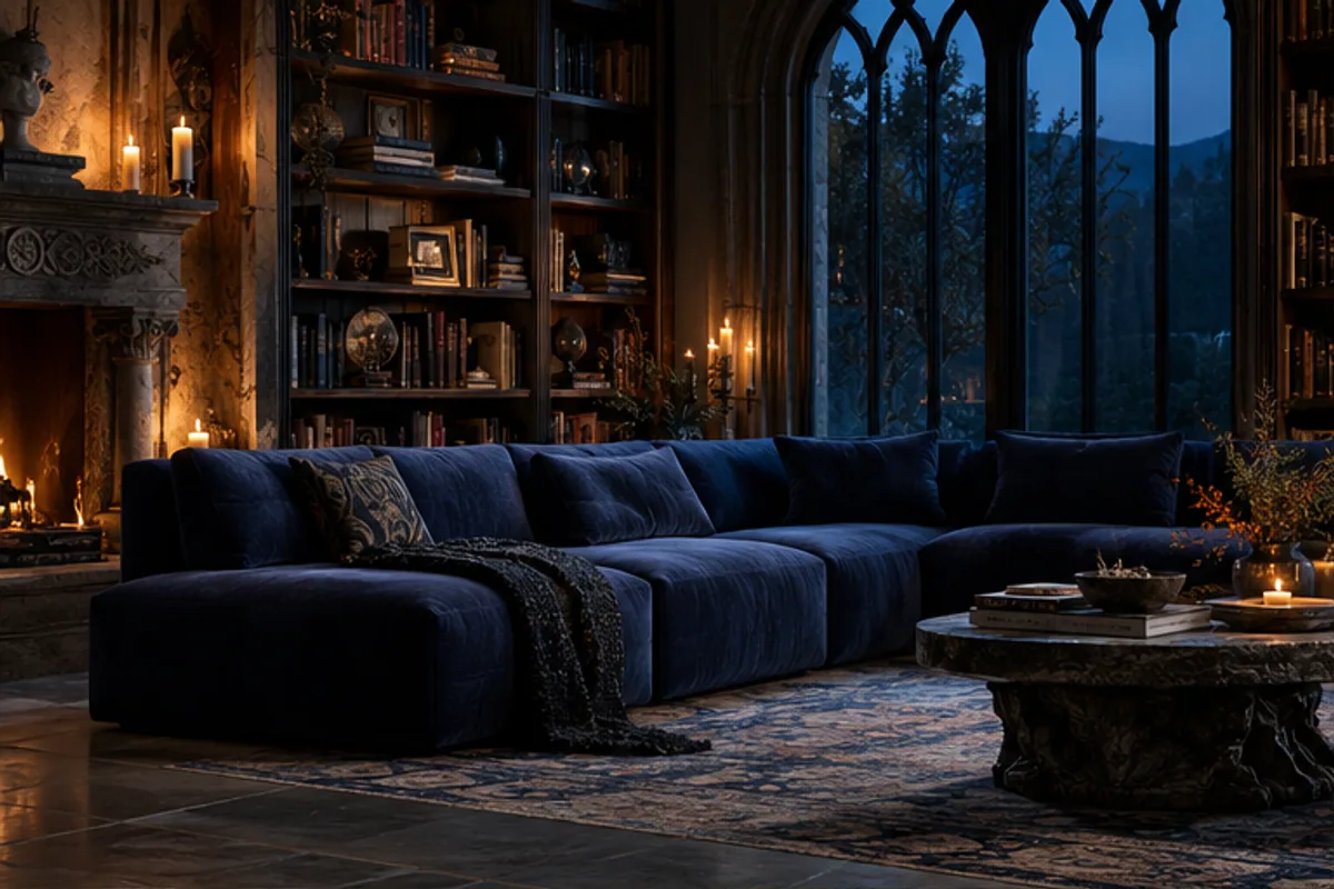 midnight sofa in a fantasy reading library
